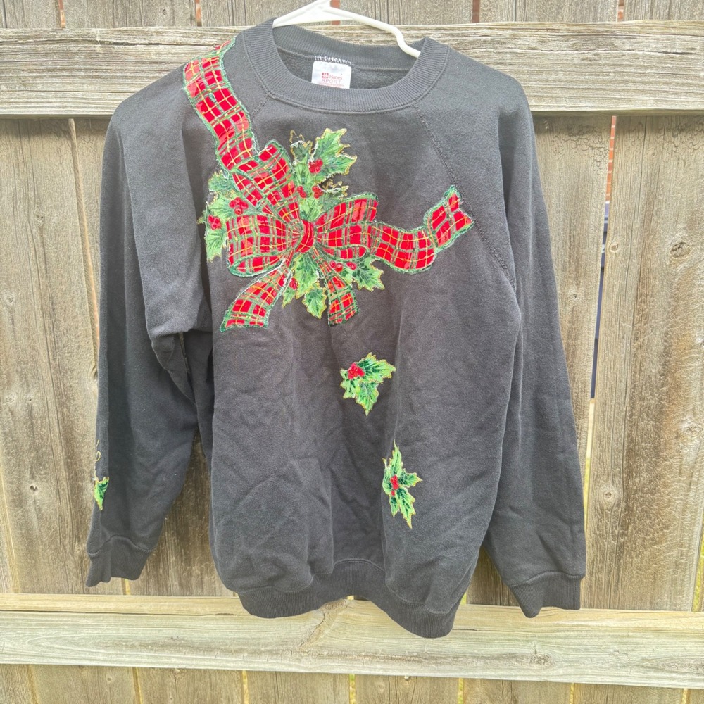 Vintage Hanes Sport Christmas Sweatshirt Large Black Plaid Bow Holly Glitter USA